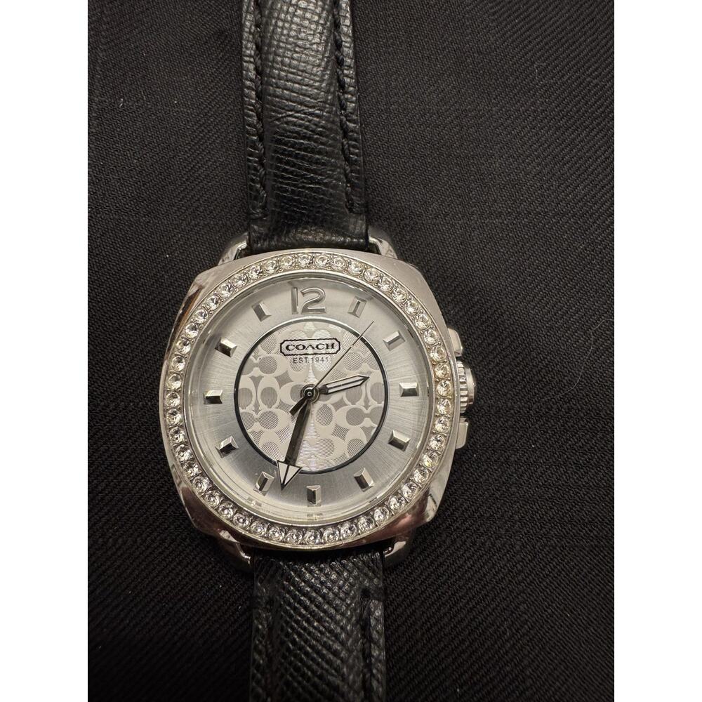 Coach Boyfriend Crystal Dial Watch Black Patent Leather Strap - New Battery!